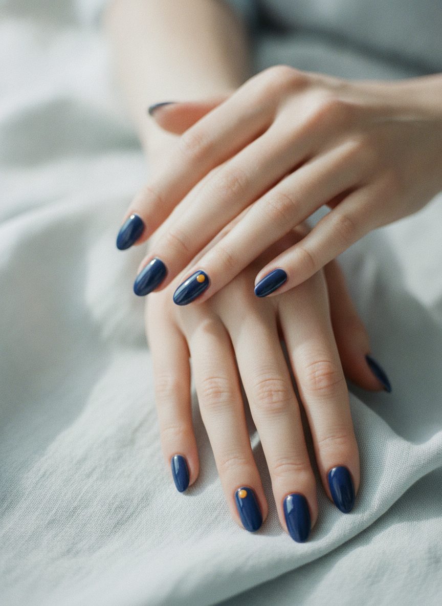 A pair of hands resting on pale blue linen with glossy almond nails in deep ultramarine, one nail marked with a small saffron dot.