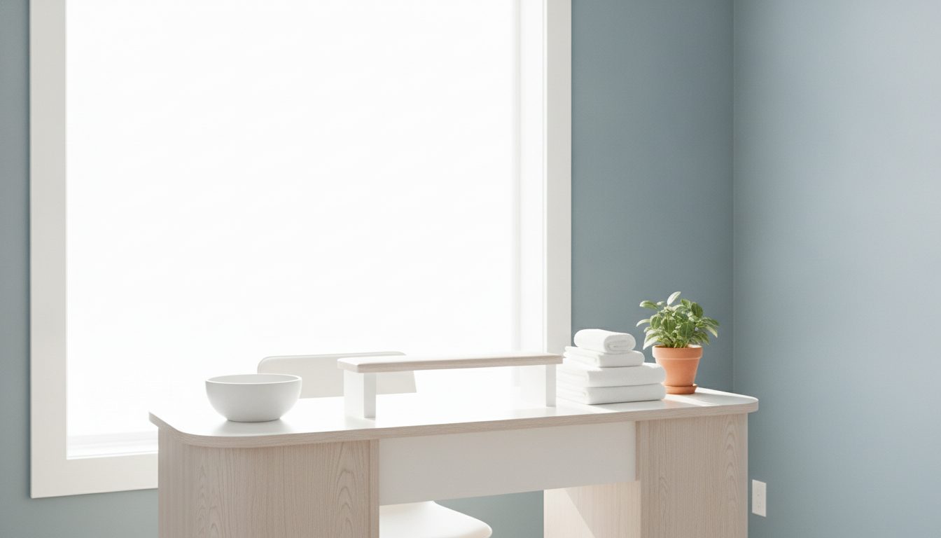 A quiet manicure table beside a bright window: white oak top, folded towels, a small ceramic bowl and daylight across a pale blue wall.