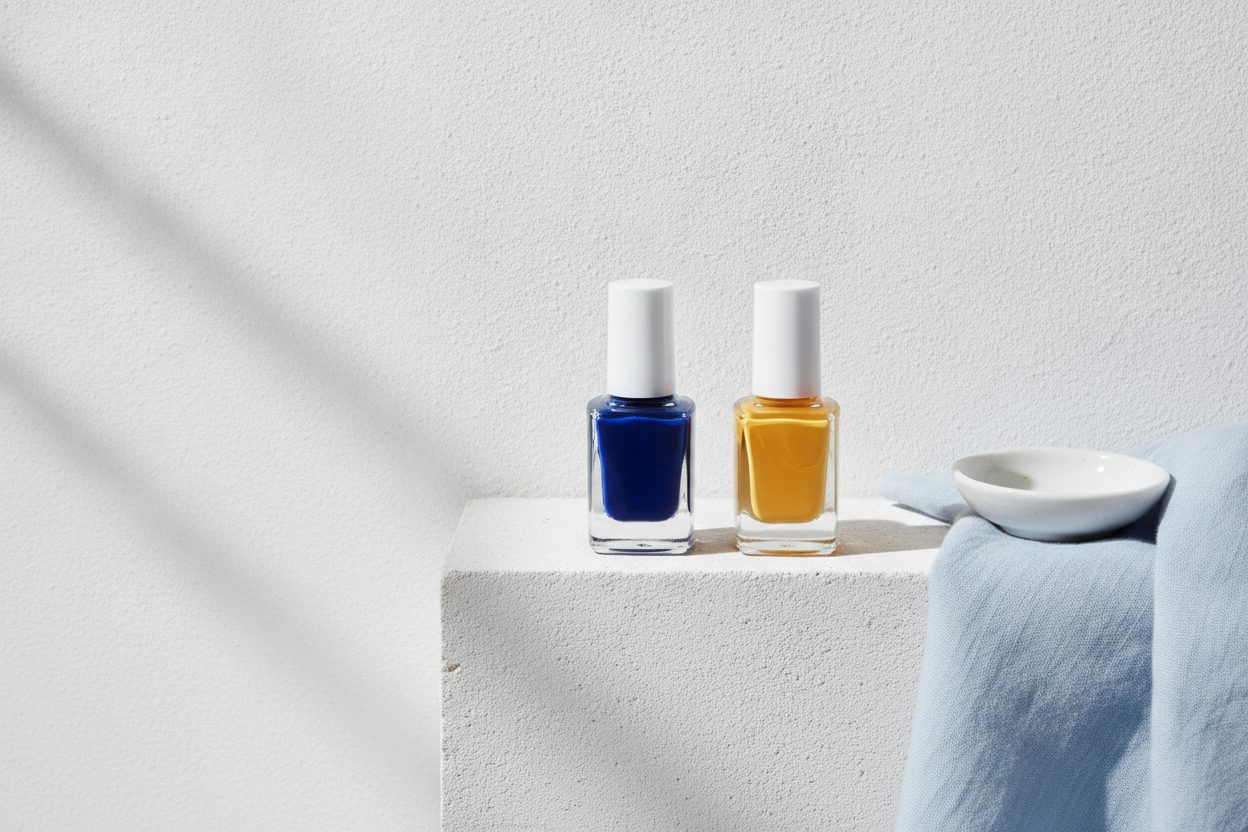 Plain glass polish bottles in ultramarine and saffron on a chalk white stone ledge with a folded linen towel.